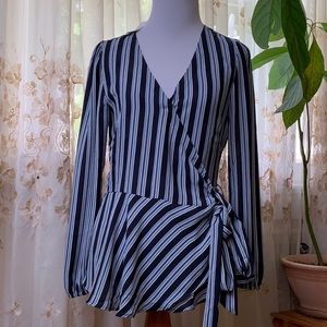 Ann Taylor Wrap navy blue Long sleeve striped blouse NWOT /size …